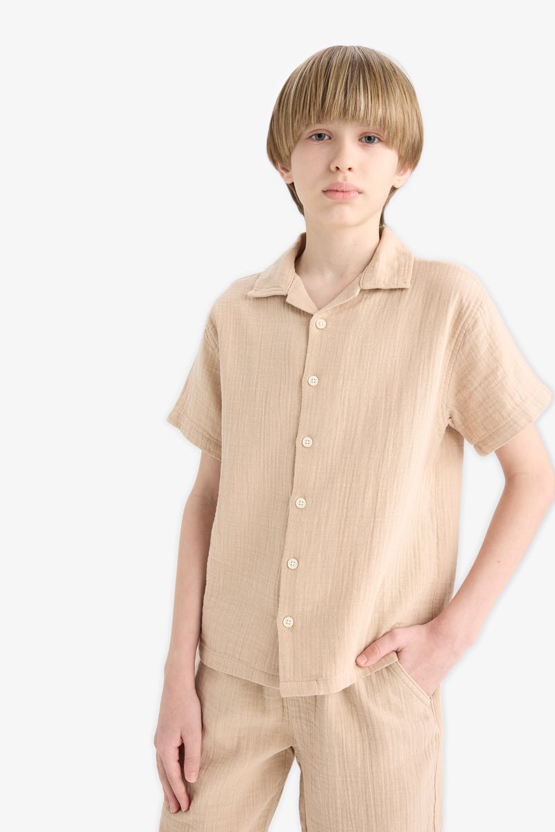 DeFacto Beige Boy Boy Oversize Polo Neck Muslin Shirt Casual - Image 4
